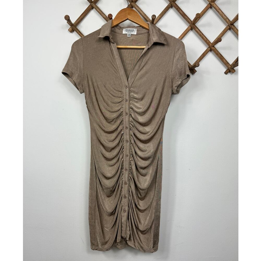 Shareen Collections Australia Ruched Mini Dress in Shimmer Tan Women's Size 6